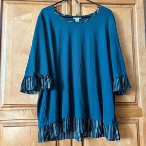 Catherines 1XWP Teal Mixed Fabric Tunic Top Striped Ruffle Trim
